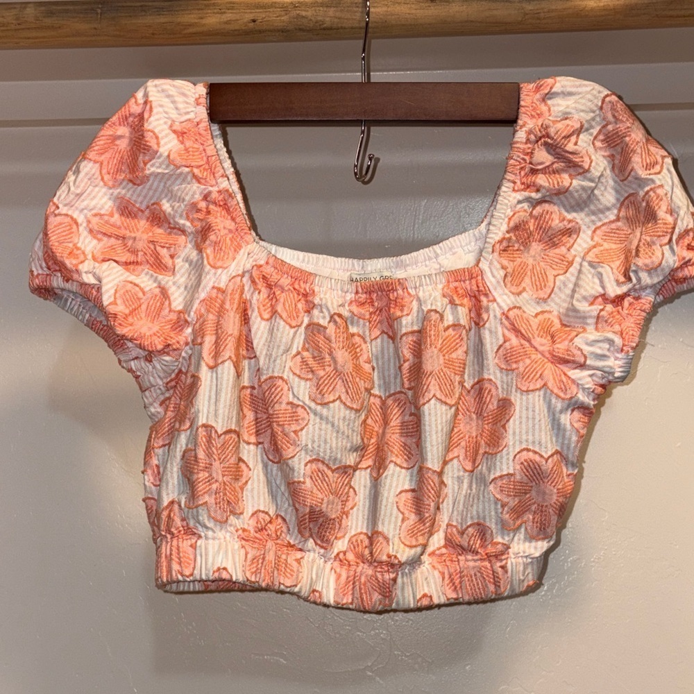 Orange Floral Puff Sleeve Crop Top